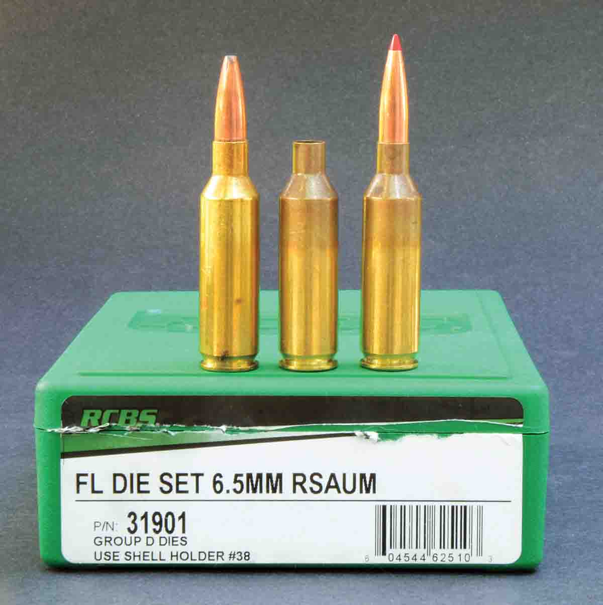 The 6.5 SAUM case (right) can be formed by necking down the 7mm SAUM case (left), and while buying Hornady cases from GA Precision (center) is an easier route to handloading the cartridge, their availability through the years has been sporadic.